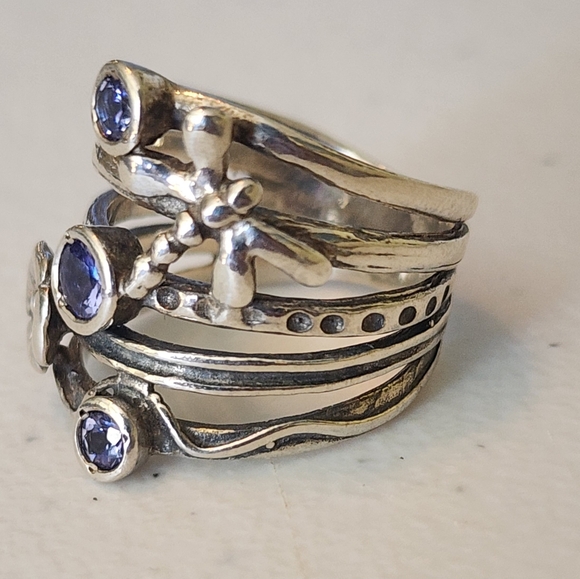 PAZ Israel sterling silver Dragonfly flower multi band Layer purple stones 7.5 - Picture 5 of 10